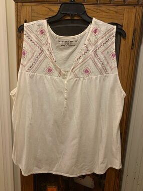 Bit & Bridle Embroidered Cream Sleeveless Top with Pink Accents